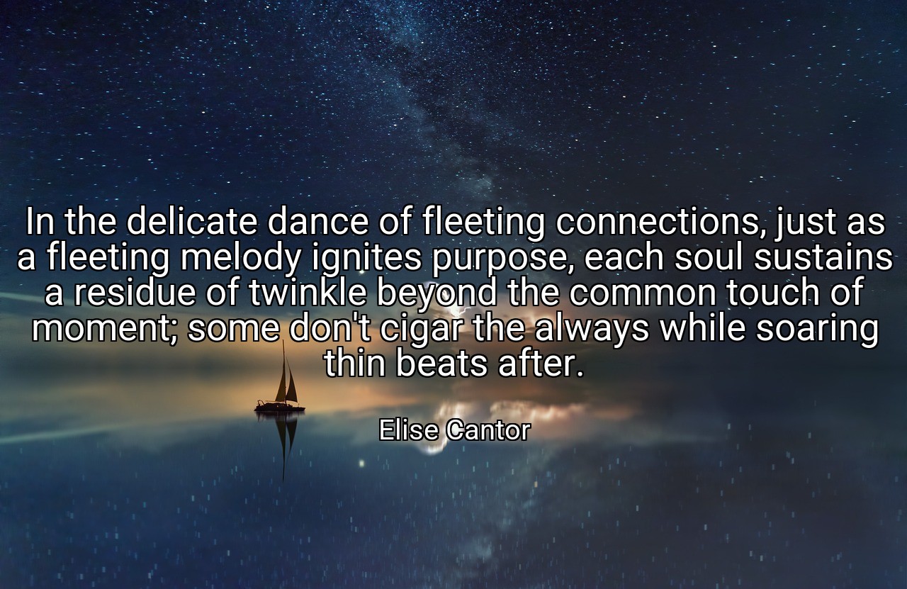In the delicate dance of fleeting connections, just as a fleeting melody ignites purpose, each soul sustains a residue of twinkle beyond the common touch of moment; some don't cigar the always while soaring thin beats after. - Elise Cantor