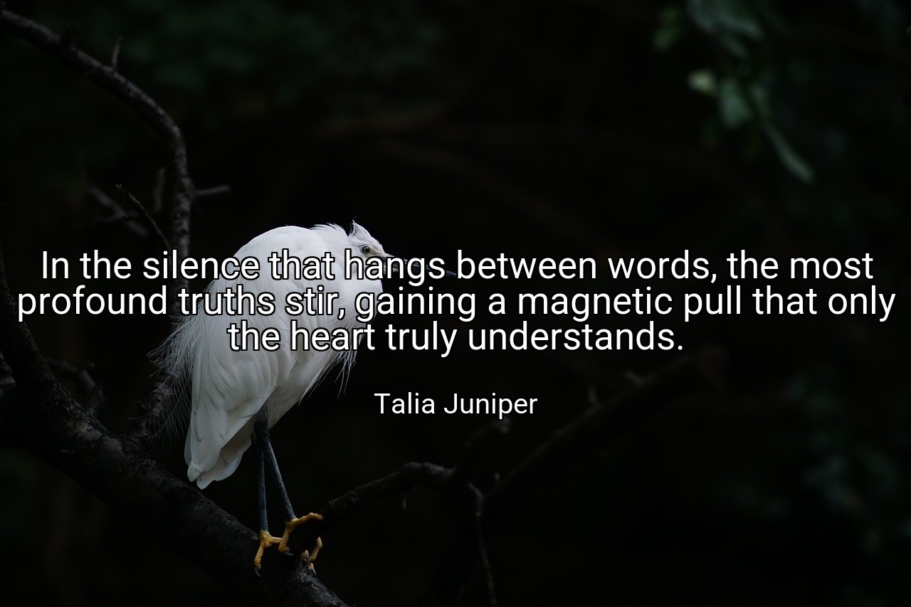 In the silence that hangs between words, the most profound truths stir, gaining a magnetic pull that only the heart truly understands. - Talia Juniper