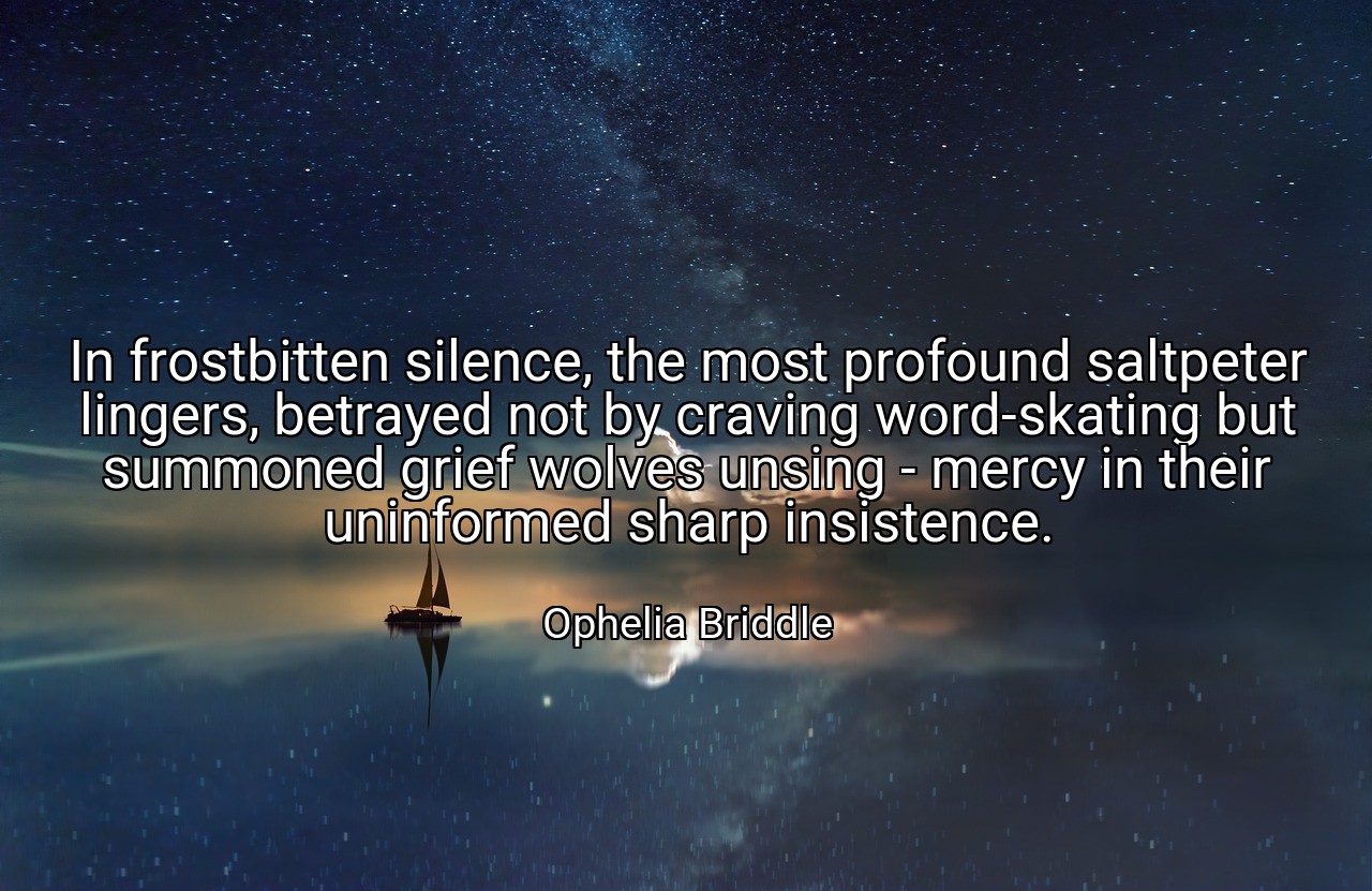 In frostbitten silence, the most profound saltpeter lingers, betrayed not by craving word-skating but summoned grief wolves unsing - mercy in their uninformed sharp insistence. - Ophelia Briddle