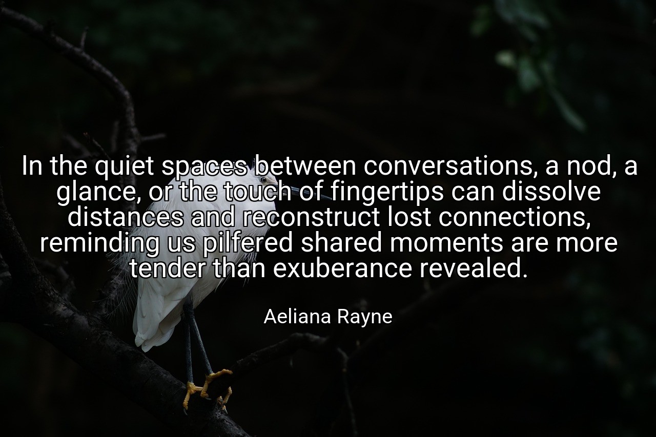 In the quiet spaces between conversations, a nod, a glance, or the touch of fingertips can dissolve distances and reconstruct lost connections, reminding us pilfered shared moments are more tender than exuberance revealed. - Aeliana Rayne