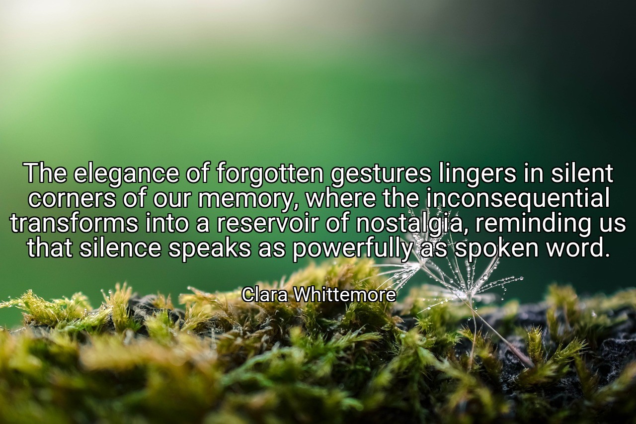 The elegance of forgotten gestures lingers in silent corners of our memory, where the inconsequential transforms into a reservoir of nostalgia, reminding us that silence speaks as powerfully as spoken word. - Clara Whittemore