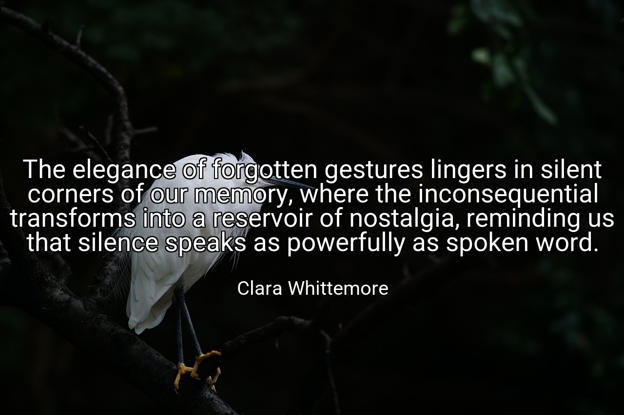 The elegance of forgotten gestures lingers in silent corners of our memory, where the inconsequential transforms into a reservoir of nostalgia, reminding us that silence speaks as powerfully as spoken word. - Clara Whittemore