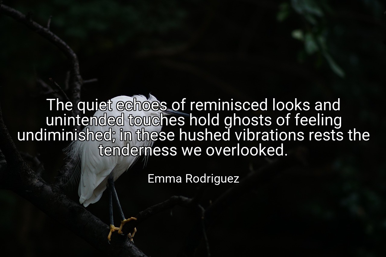 The quiet echoes of reminisced looks and unintended touches hold ghosts of feeling undiminished; in these hushed vibrations rests the tenderness we overlooked. - Emma Rodriguez