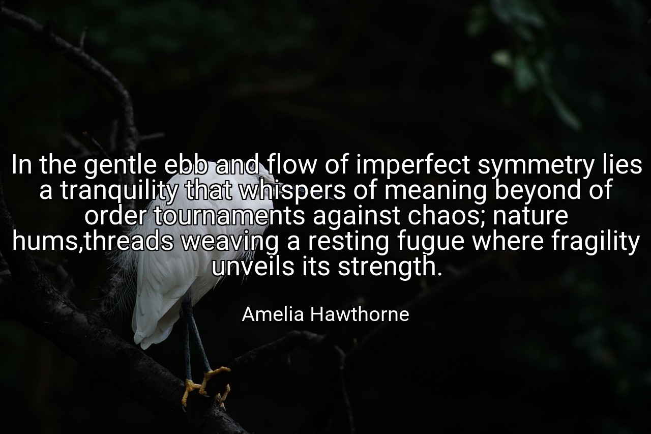 In the gentle ebb and flow of imperfect symmetry lies a tranquility that whispers of meaning beyond of order tournaments against chaos; nature hums,threads weaving a resting fugue where fragility unveils its strength. - Amelia Hawthorne
