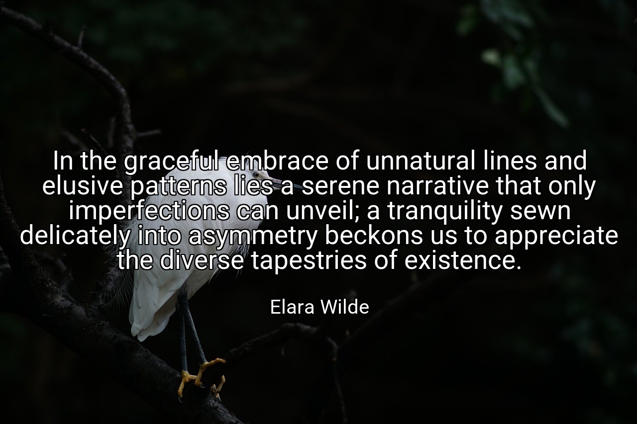 In the graceful embrace of unnatural lines and elusive patterns lies a serene narrative that only imperfections can unveil; a tranquility sewn delicately into asymmetry beckons us to appreciate the diverse tapestries of existence. - Elara Wilde