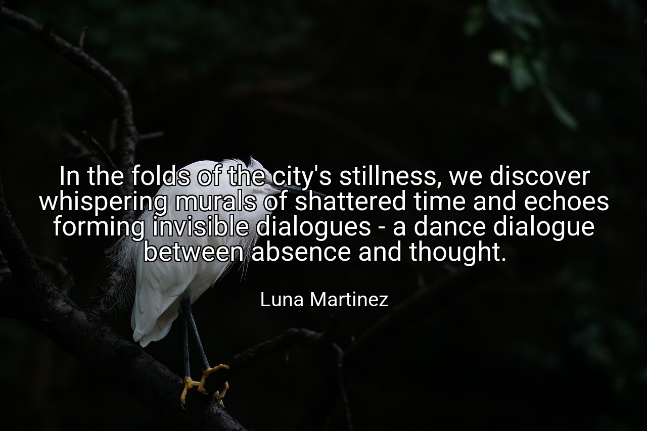 In the folds of the city's stillness, we discover whispering murals of shattered time and echoes forming invisible dialogues - a dance dialogue between absence and thought. - Luna Martinez