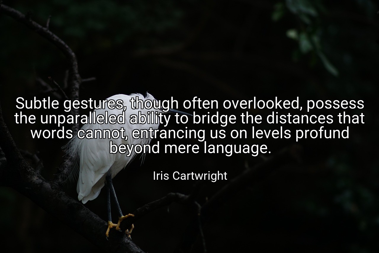 Subtle gestures, though often overlooked, possess the unparalleled ability to bridge the distances that words cannot, entrancing us on levels profund beyond mere language. - Iris Cartwright