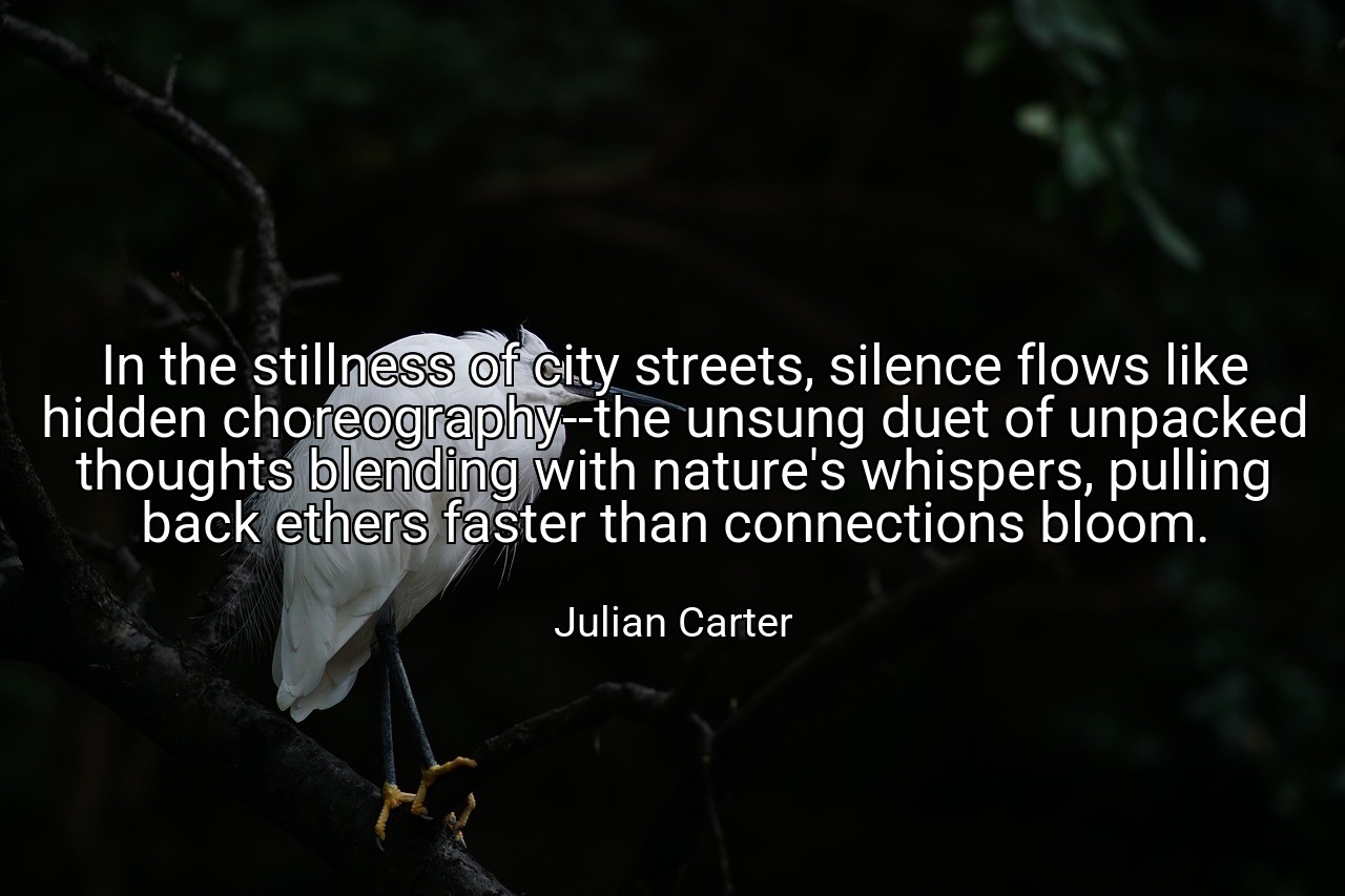 In the stillness of city streets, silence flows like hidden choreography--the unsung duet of unpacked thoughts blending with nature's whispers, pulling back ethers faster than connections bloom. - Julian Carter
