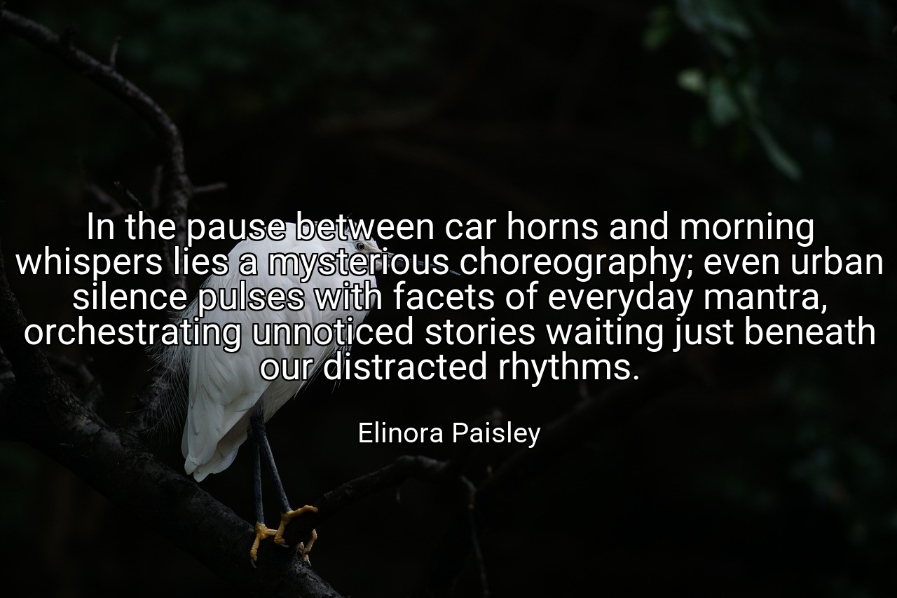In the pause between car horns and morning whispers lies a mysterious choreography; even urban silence pulses with facets of everyday mantra, orchestrating unnoticed stories waiting just beneath our distracted rhythms. - Elinora Paisley