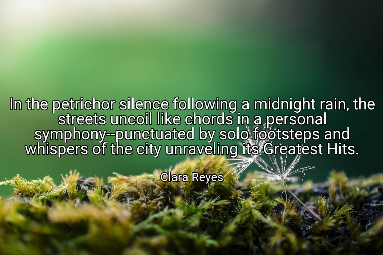 In the petrichor silence following a midnight rain, the streets uncoil like chords in a personal symphony--punctuated by solo footsteps and whispers of the city unraveling its Greatest Hits. - Clara Reyes