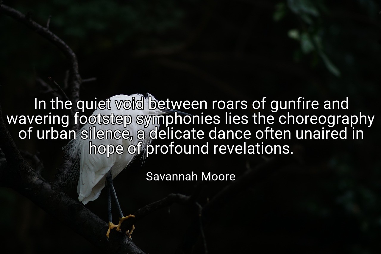 In the quiet void between roars of gunfire and wavering footstep symphonies lies the choreography of urban silence, a delicate dance often unaired in hope of profound revelations. - Savannah Moore