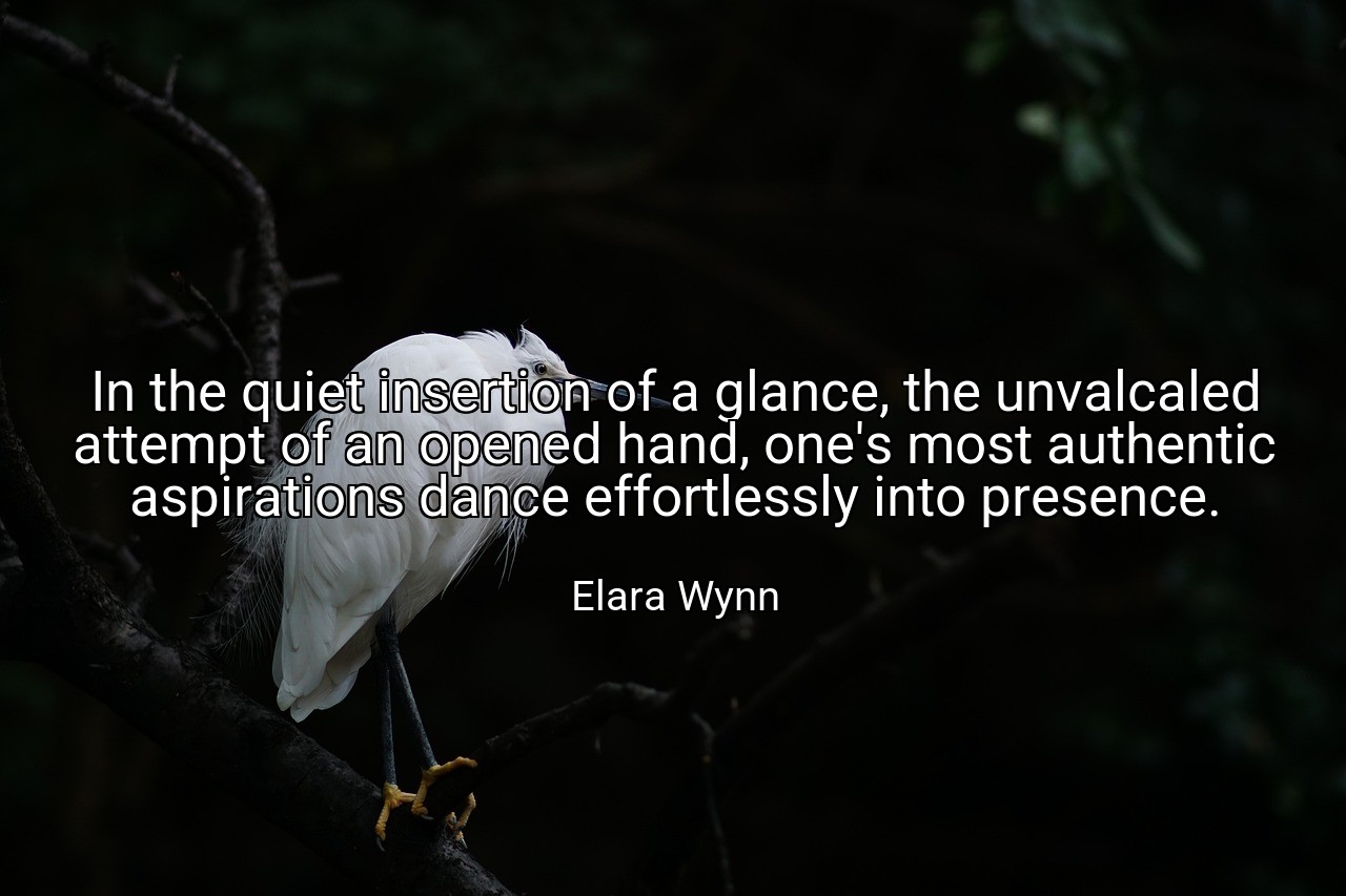 In the quiet insertion of a glance, the unvalcaled attempt of an opened hand, one's most authentic aspirations dance effortlessly into presence. - Elara Wynn