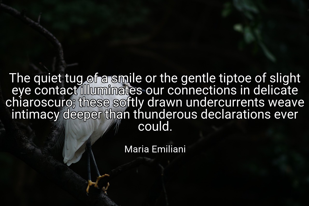 The quiet tug of a smile or the gentle tiptoe of slight eye contact illuminates our connections in delicate chiaroscuro; these softly drawn undercurrents weave intimacy deeper than thunderous declarations ever could. - Maria Emiliani