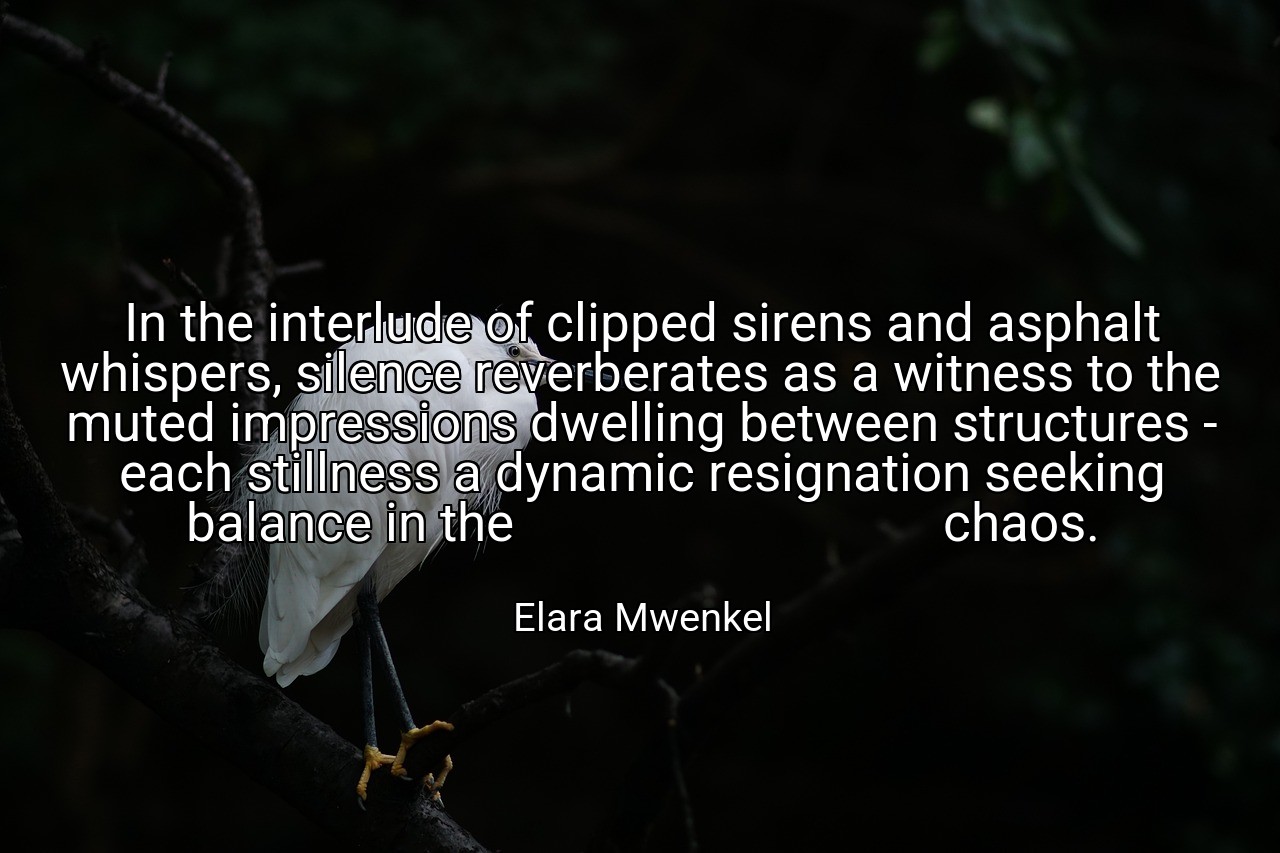 In the interlude of clipped sirens and asphalt whispers, silence reverberates as a witness to the muted impressions dwelling between structures - each stillness a dynamic resignation seeking balance in the                                 chaos. - Elara Mwenkel