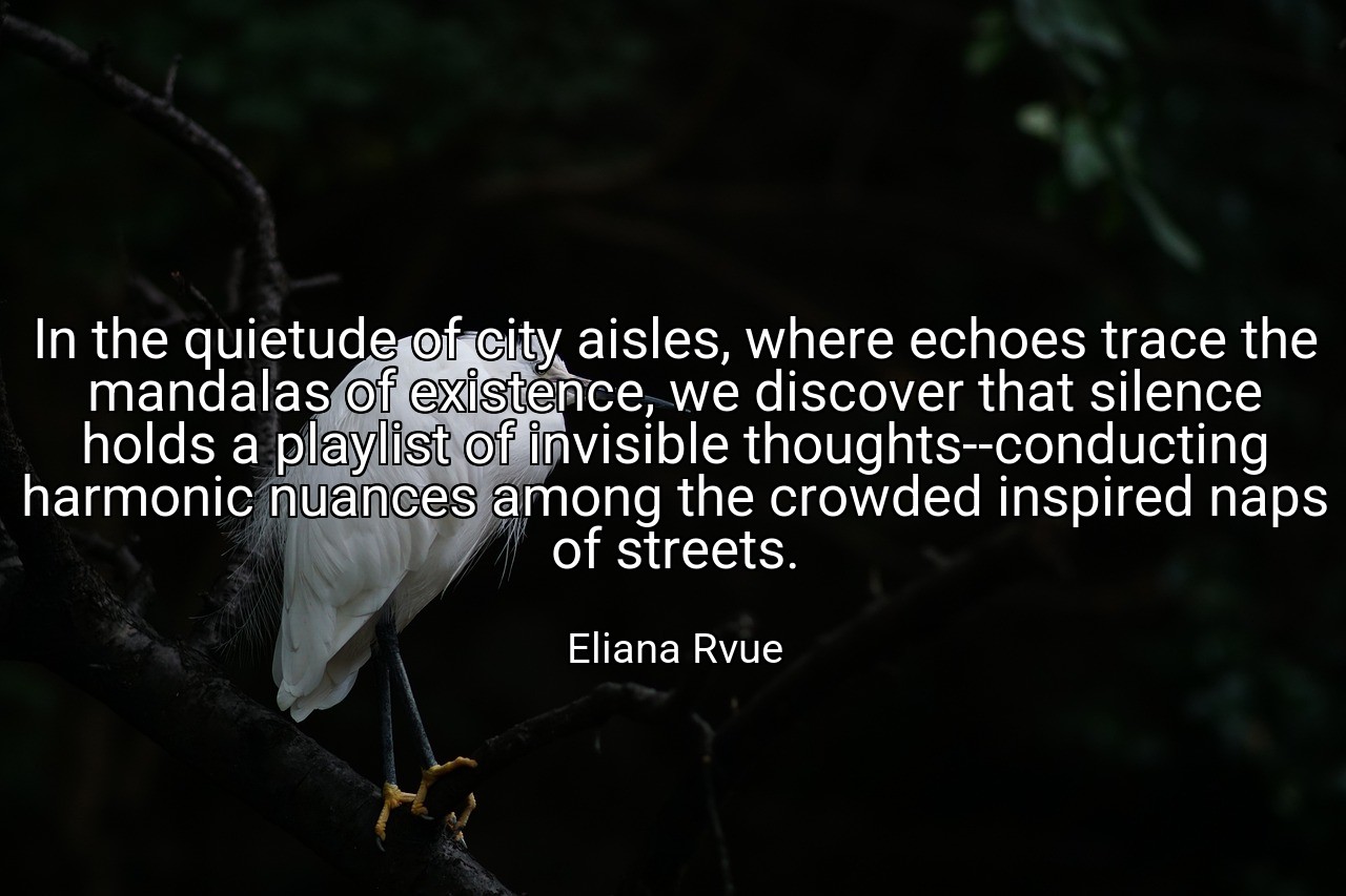 In the quietude of city aisles, where echoes trace the mandalas of existence, we discover that silence holds a playlist of invisible thoughts--conducting harmonic nuances among the crowded inspired naps of streets. - Eliana Rvue