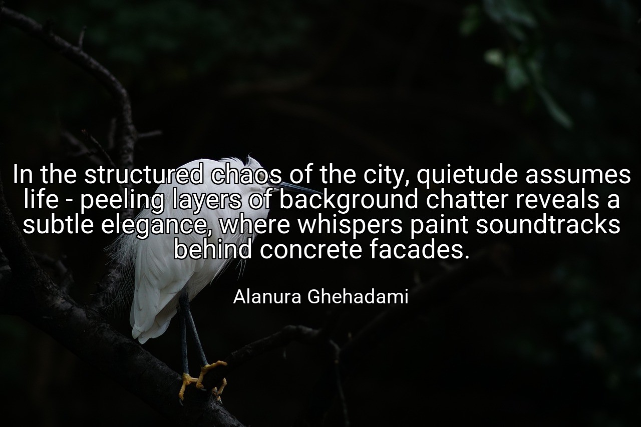 In the structured chaos of the city, quietude assumes life - peeling layers of background chatter reveals a subtle elegance, where whispers paint soundtracks behind concrete facades. - Alanura Ghehadami