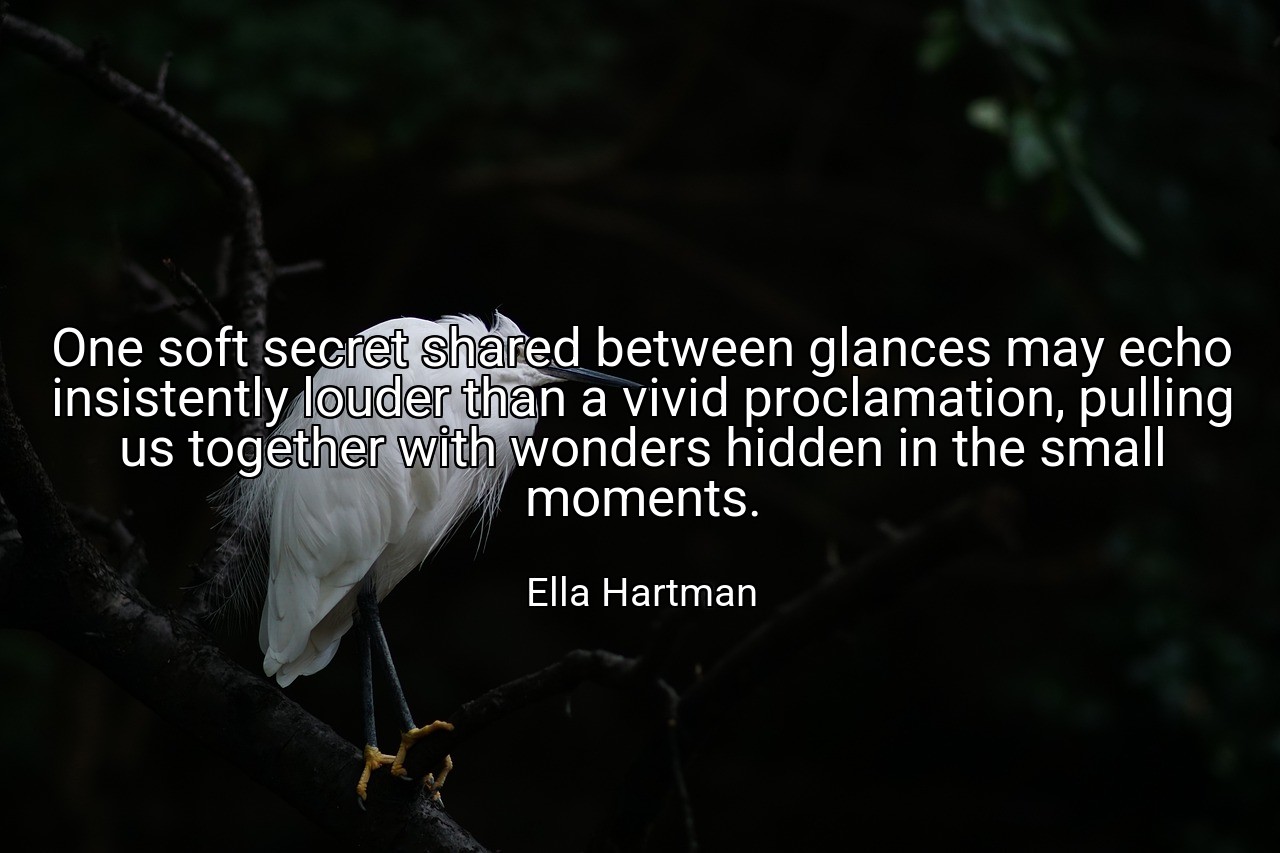 One soft secret shared between glances may echo insistently louder than a vivid proclamation, pulling us together with wonders hidden in the small moments. - Ella Hartman