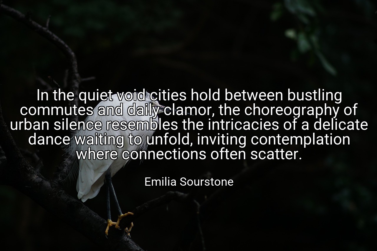 In the quiet void cities hold between bustling commutes and daily clamor, the choreography of urban silence resembles the intricacies of a delicate dance waiting to unfold, inviting contemplation where connections often scatter. - Emilia Sourstone