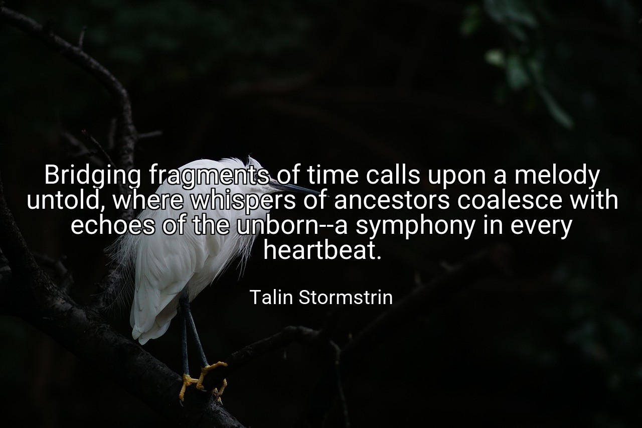 Bridging fragments of time calls upon a melody untold, where whispers of ancestors coalesce with echoes of the unborn--a symphony in every heartbeat. - Talin Stormstrin