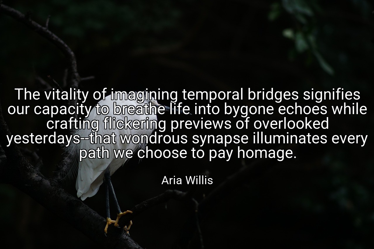 The vitality of imagining temporal bridges signifies our capacity to breathe life into bygone echoes while crafting flickering previews of overlooked yesterdays--that wondrous synapse illuminates every path we choose to pay homage. - Aria Willis
