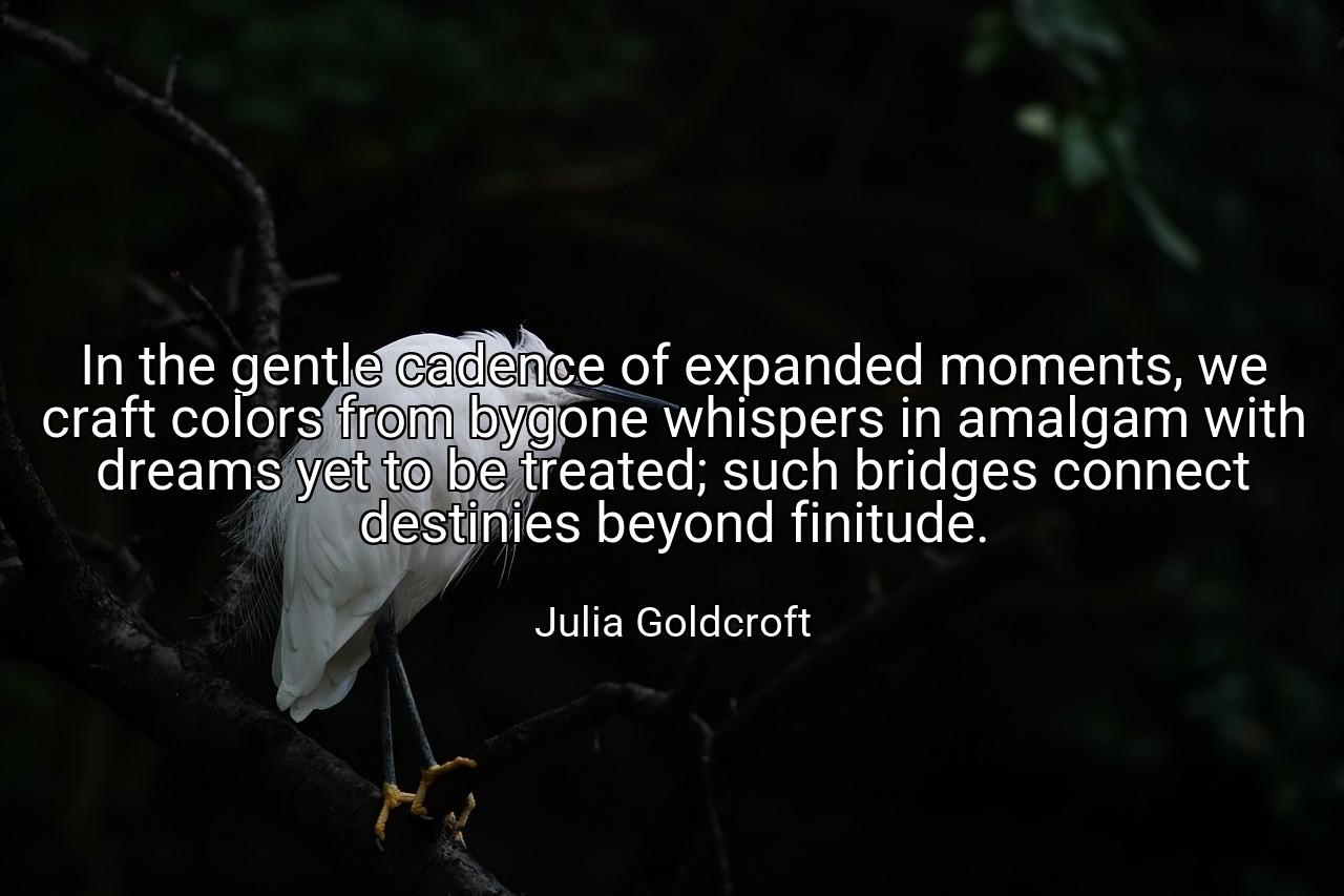 In the gentle cadence of expanded moments, we craft colors from bygone whispers in amalgam with dreams yet to be treated; such bridges connect destinies beyond finitude. - Julia Goldcroft