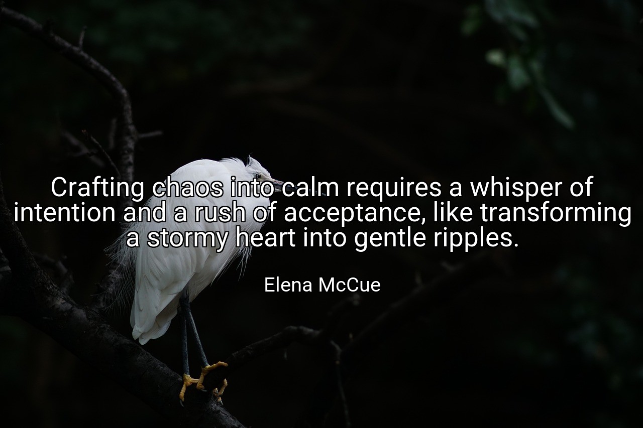 Crafting chaos into calm requires a whisper of intention and a rush of acceptance, like transforming a stormy heart into gentle ripples. - Elena McCue
