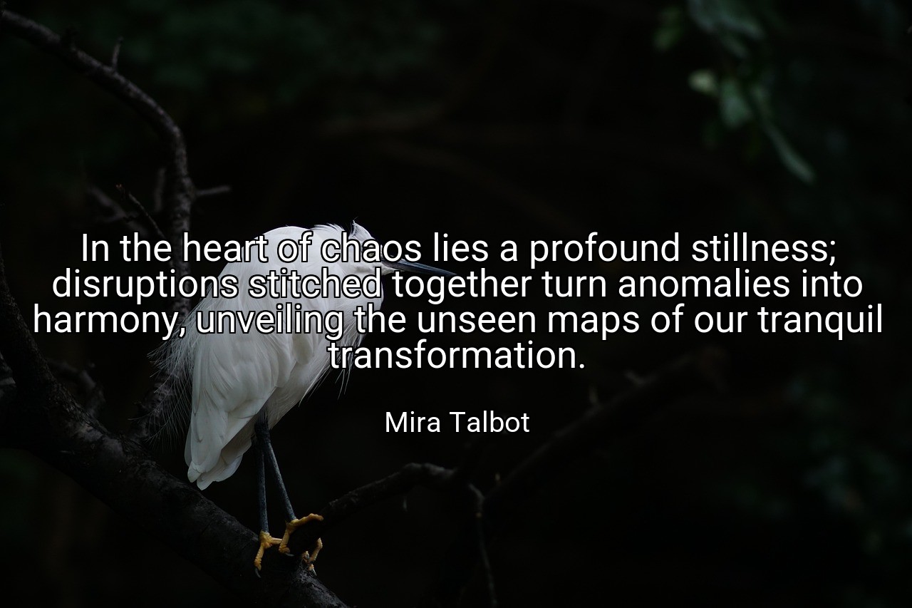 In the heart of chaos lies a profound stillness; disruptions stitched together turn anomalies into harmony, unveiling the unseen maps of our tranquil transformation. - Mira Talbot