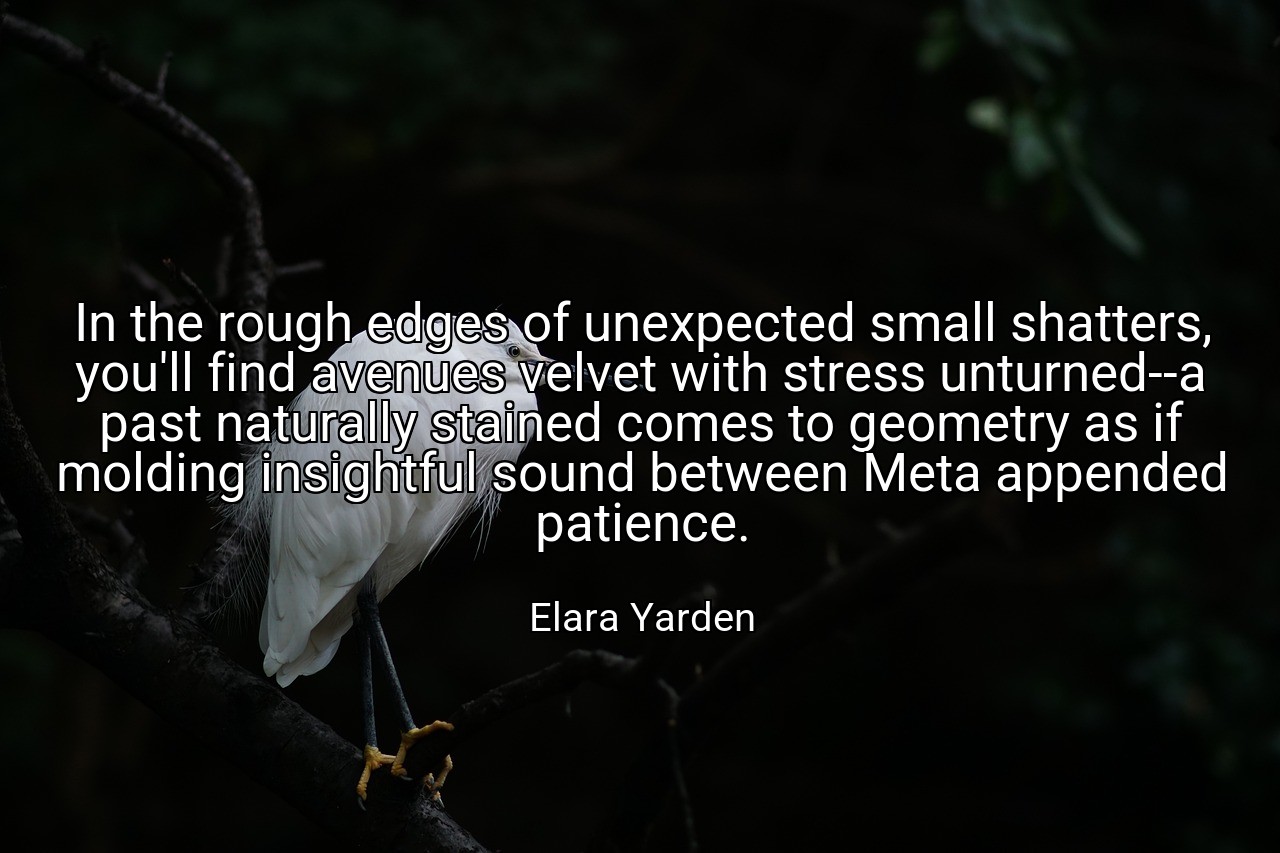 In the rough edges of unexpected small shatters, you'll find avenues velvet with stress unturned--a past naturally stained comes to geometry as if molding insightful sound between Meta appended patience. - Elara Yarden
