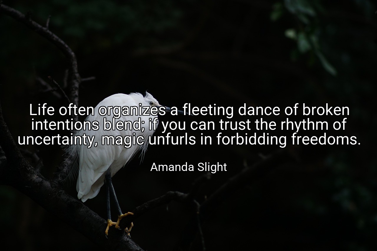 Life often organizes a fleeting dance of broken intentions blend; if you can trust the rhythm of uncertainty, magic unfurls in forbidding freedoms. - Amanda Slight