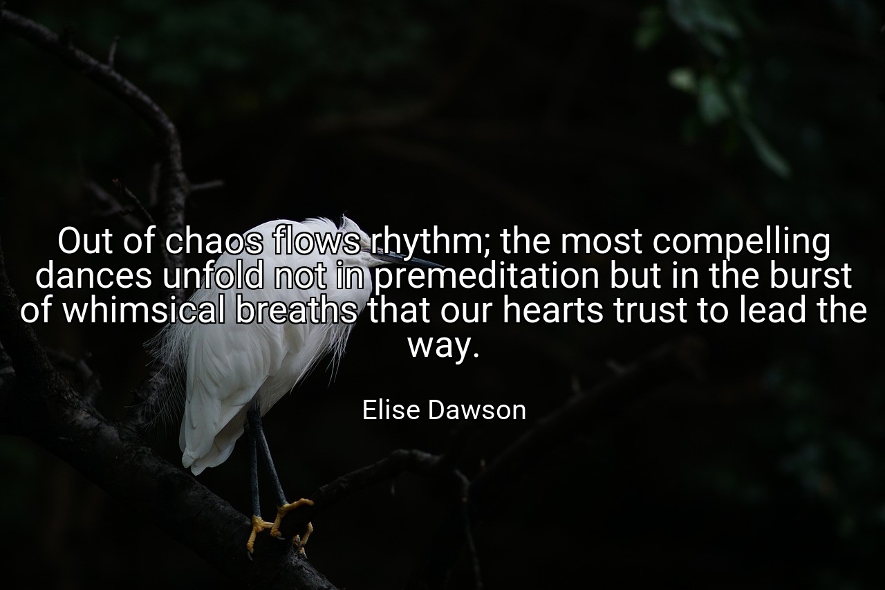 Out of chaos flows rhythm; the most compelling dances unfold not in premeditation but in the burst of whimsical breaths that our hearts trust to lead the way. - Elise Dawson