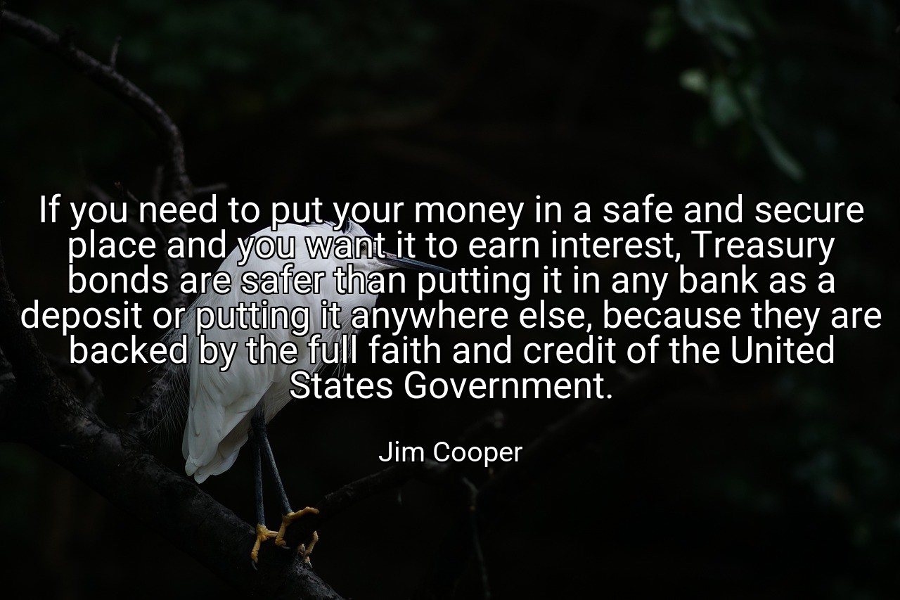 If you need to put your money in a safe and secure place and you want it to earn interest, Treasury bonds are safer than putting it in any bank as a deposit or putting it anywhere else, because they are backed by the full faith and credit of the United States Government. - Jim Cooper
