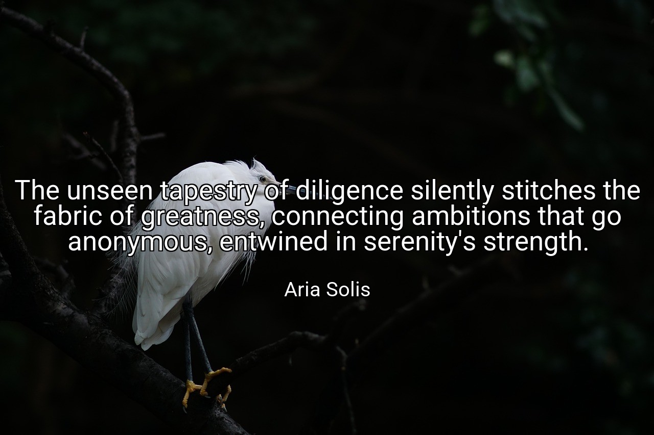 The unseen tapestry of diligence silently stitches the fabric of greatness, connecting ambitions that go anonymous, entwined in serenity's strength. - Aria Solis