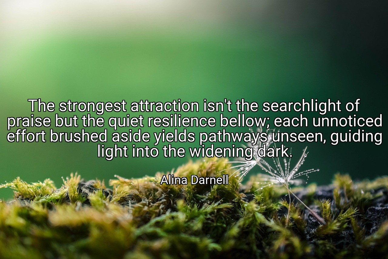 The strongest attraction isn't the searchlight of praise but the quiet resilience bellow; each unnoticed effort brushed aside yields pathways unseen, guiding light into the widening dark. - Alina Darnell