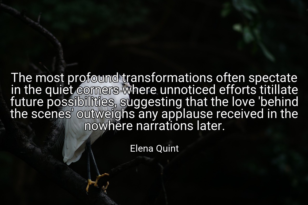 The most profound transformations often spectate in the quiet corners where unnoticed efforts titillate future possibilities, suggesting that the love 'behind the scenes' outweighs any applause received in the nowhere narrations later. - Elena Quint