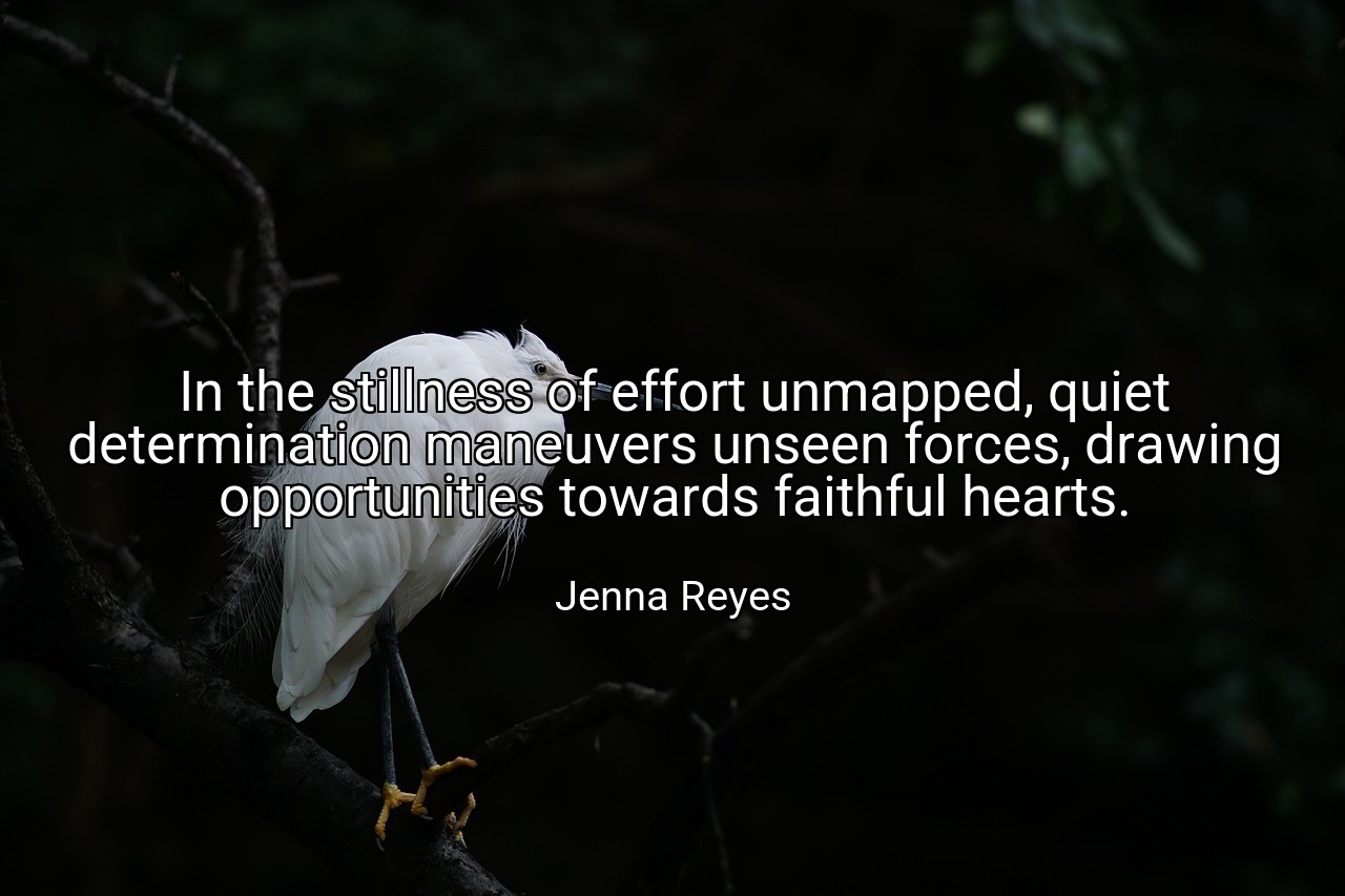 In the stillness of effort unmapped, quiet determination maneuvers unseen forces, drawing opportunities towards faithful hearts. - Jenna Reyes