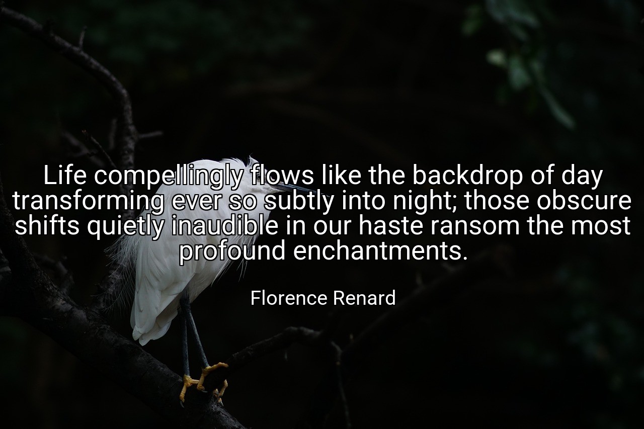 Life compellingly flows like the backdrop of day transforming ever so subtly into night; those obscure shifts quietly inaudible in our haste ransom the most profound enchantments. - Florence Renard