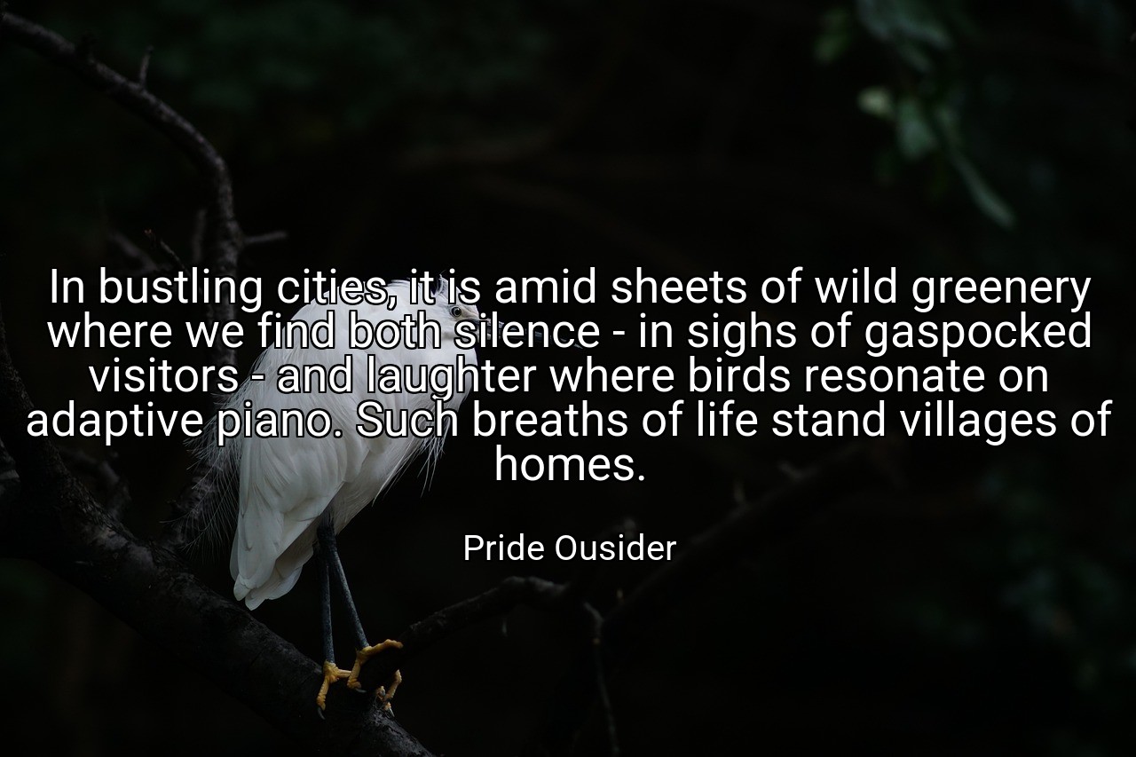 In bustling cities, it is amid sheets of wild greenery where we find both silence - in sighs of gaspocked visitors - and laughter where birds resonate on adaptive piano. Such breaths of life stand villages of homes. - Pride Ousider