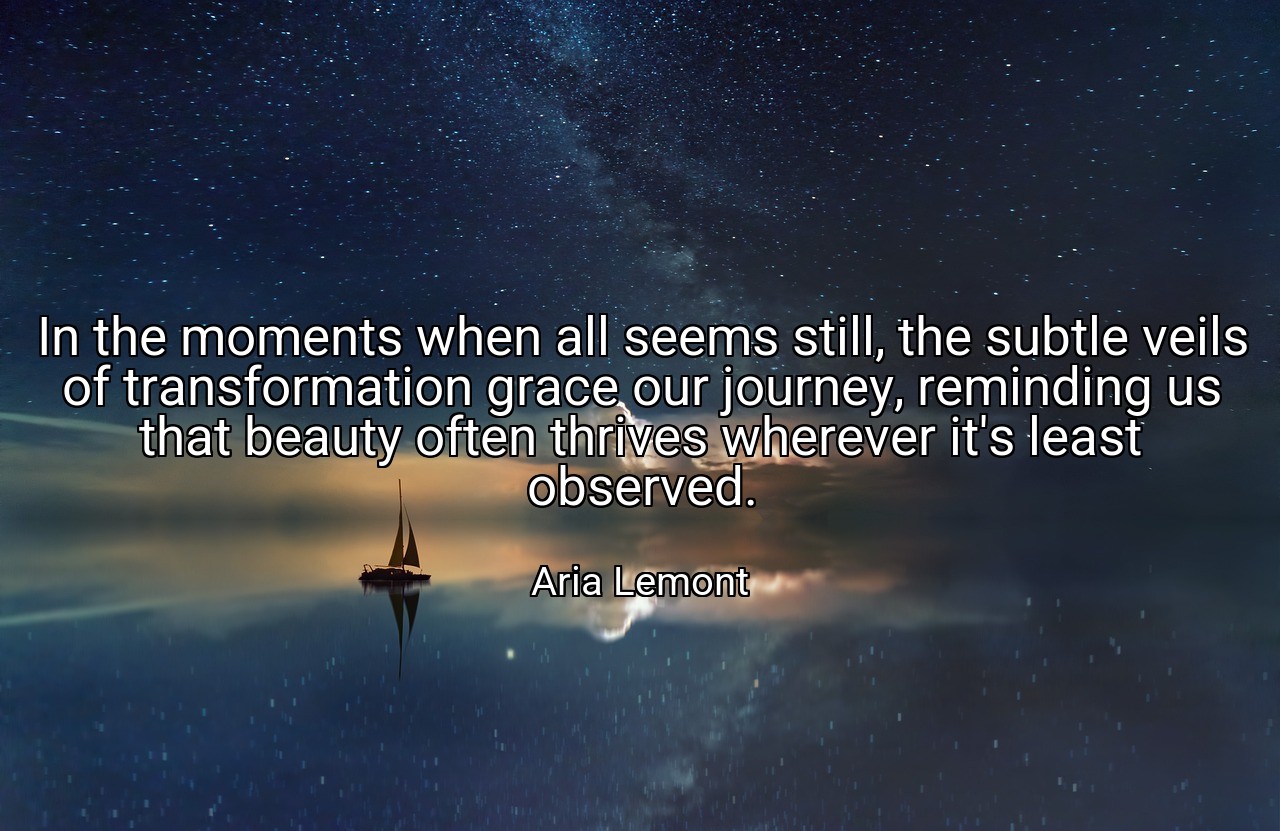 In the moments when all seems still, the subtle veils of transformation grace our journey, reminding us that beauty often thrives wherever it's least observed. - Aria Lemont
