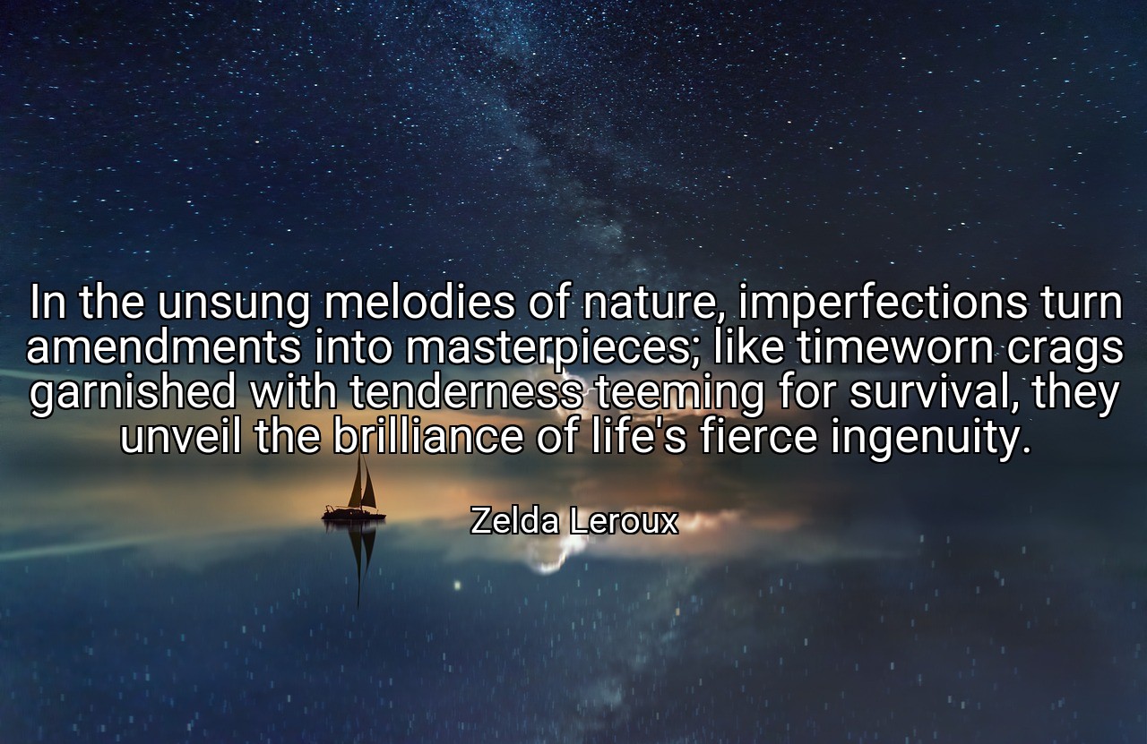 In the unsung melodies of nature, imperfections turn amendments into masterpieces; like timeworn crags garnished with tenderness teeming for survival, they unveil the brilliance of life's fierce ingenuity. - Zelda Leroux