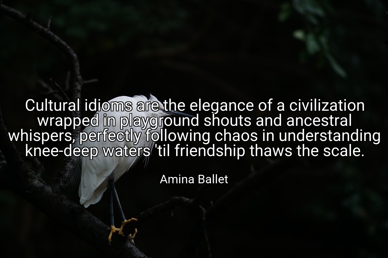 Cultural idioms are the elegance of a civilization wrapped in playground shouts and ancestral whispers, perfectly following chaos in understanding knee-deep waters 'til friendship thaws the scale. - Amina Ballet