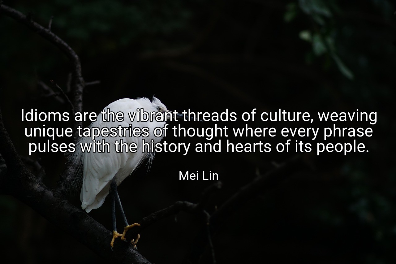 Idioms are the vibrant threads of culture, weaving unique tapestries of thought where every phrase pulses with the history and hearts of its people. - Mei Lin
