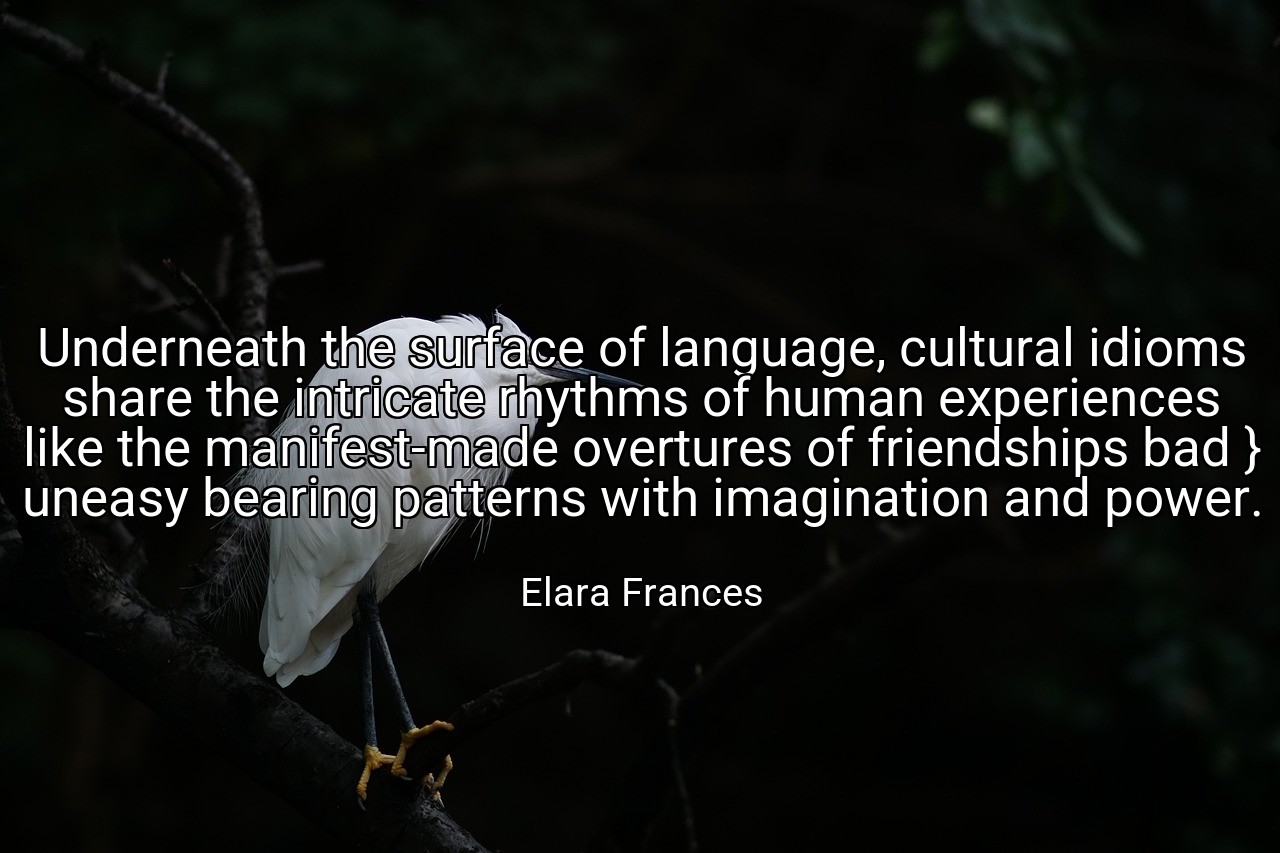 Underneath the surface of language, cultural idioms share the intricate rhythms of human experiences like the manifest-made overtures of friendships bad } uneasy bearing patterns with imagination and power. - Elara Frances