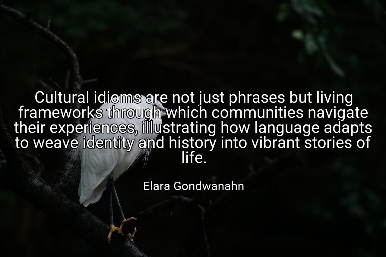 Cultural idioms are not just phrases but living frameworks through which communities navigate their experiences, illustrating how language adapts to weave identity and history into vibrant stories of life. - Elara Gondwanahn