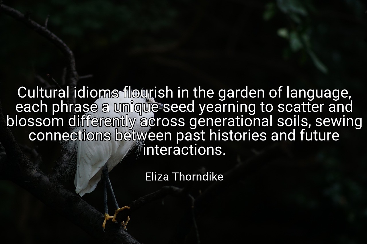 Cultural idioms flourish in the garden of language, each phrase a unique seed yearning to scatter and blossom differently across generational soils, sewing connections between past histories and future interactions. - Eliza Thorndike