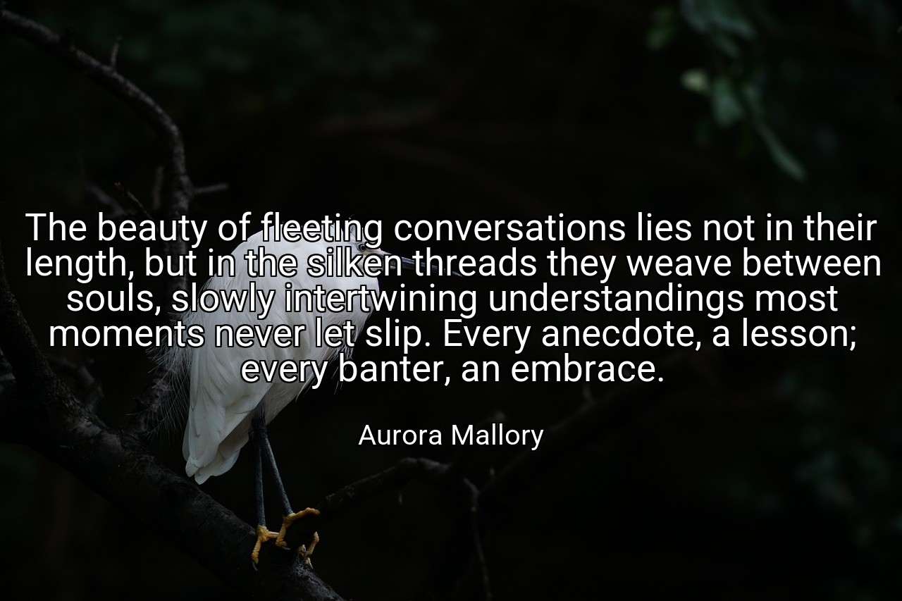 The beauty of fleeting conversations lies not in their length, but in the silken threads they weave between souls, slowly intertwining understandings most moments never let slip. Every anecdote, a lesson; every banter, an embrace. - Aurora Mallory