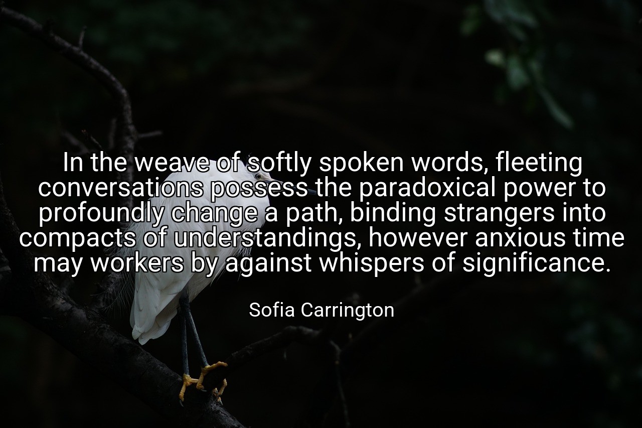 In the weave of softly spoken words, fleeting conversations possess the paradoxical power to profoundly change a path, binding strangers into compacts of understandings, however anxious time may workers by against whispers of significance. - Sofia Carrington