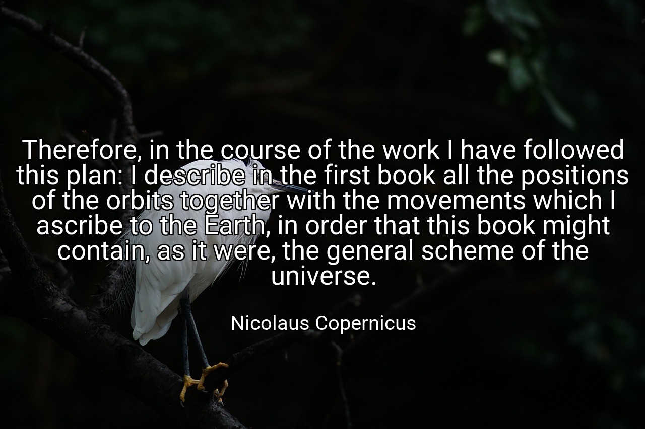 Therefore, in the course of the work I have followed this plan: I describe in the first book all the positions of the orbits together with the movements which I ascribe to the Earth, in order that this book might contain, as it were, the general scheme of the universe. - Nicolaus Copernicus