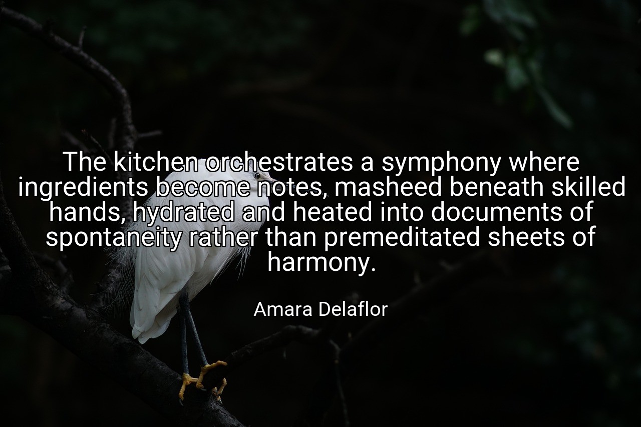 The kitchen orchestrates a symphony where ingredients become notes, masheed beneath skilled hands, hydrated and heated into documents of spontaneity rather than premeditated sheets of harmony. - Amara Delaflor