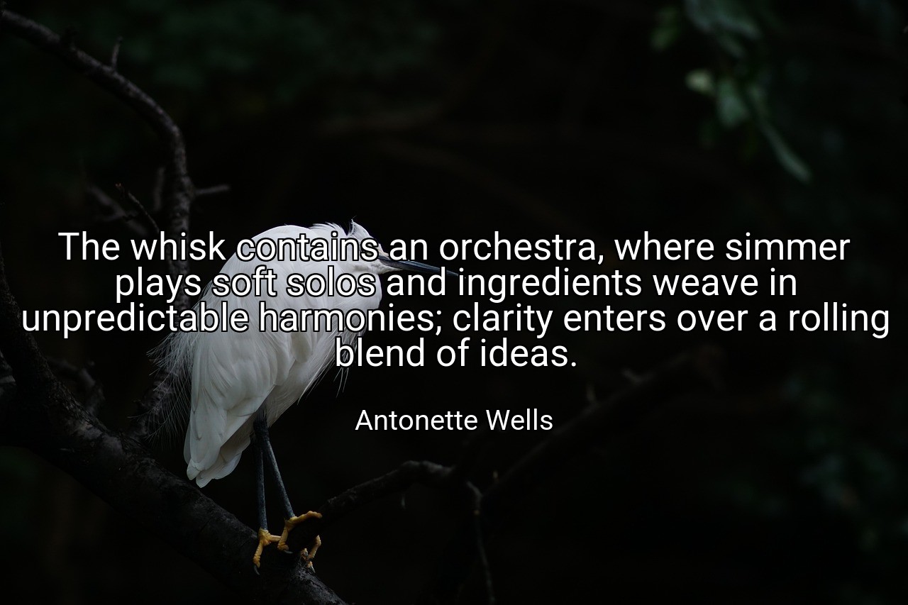 The whisk contains an orchestra, where simmer plays soft solos and ingredients weave in unpredictable harmonies; clarity enters over a rolling blend of ideas. - Antonette Wells