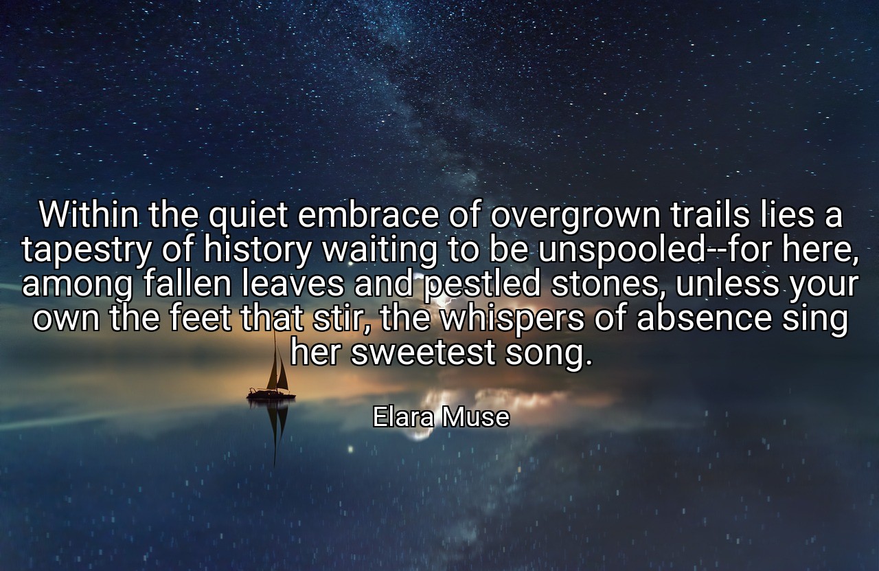 Within the quiet embrace of overgrown trails lies a tapestry of history waiting to be unspooled--for here, among fallen leaves and pestled stones, unless your own the feet that stir, the whispers of absence sing her sweetest song. - Elara Muse
